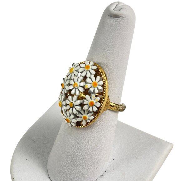 Vintage Daisy Flower Adjustable Ring Enamel Gold Tone Filigree Oval Statement - Picture 4 of 10